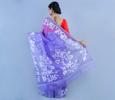 Handloom Muslin Silk Saree - White Leaf Design on Lavender