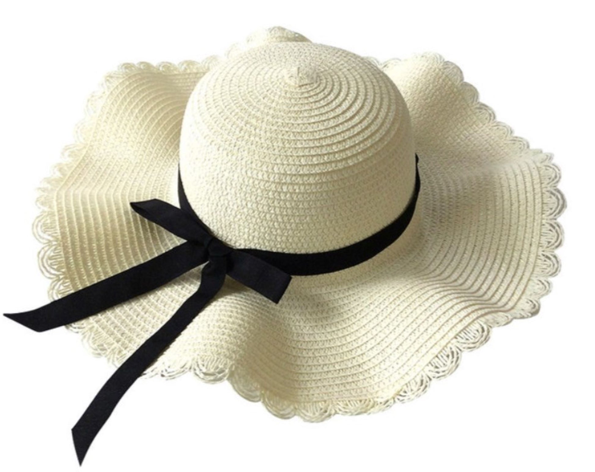 white sun hat with black ribbon