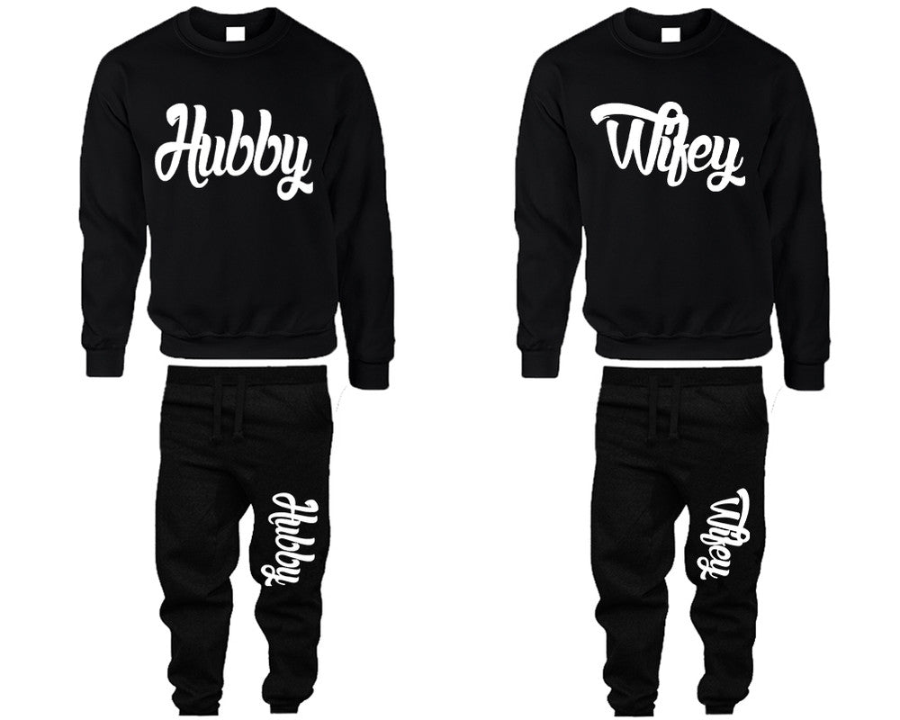 Hubby & Wifey Couple Matching Crewneck Sweaters and Jogger Pants – Stylish Unisex Top & Bottom Set | Mix & Match 4 Items Sold Separately