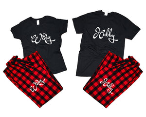 Hubby and Wifey matching couple top bottom sets.Couple shirts, Buffalo Red_Black flannel pants for men, flannel pants for women. Couple matching shirts.