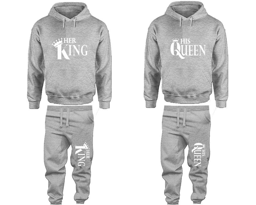 Her King & His Queen Couple Matching Pullover Hoodies and Jogger Pants Set – Unisex Mix & Match | 4 Pieces Sold Separately for Personalized Style