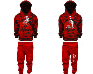 Her Joker and His Harley matching top and bottom set, Red Cloud design tie dye hoodie and jogger pants set for mens, tie dye hoodie and jogger set womens. Matching couple joggers.