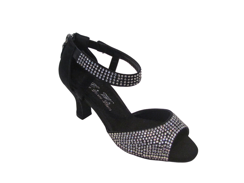 Women's Black Satin with Black Crystals Salsa/Latin Shoes - 827-13