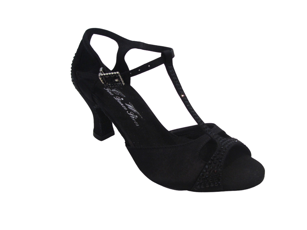 Women's Black Satin with Black Crystals Salsa/Latin Shoes - 827-13