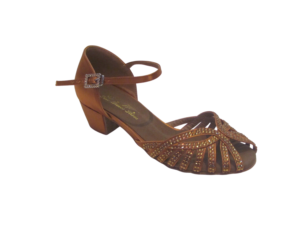 Women's Deep Tan Satin with Crystals Salsa/Latin Shoes - 919-13