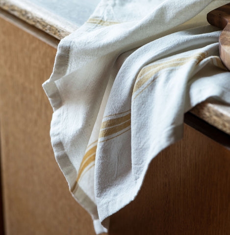 alt=Danish linen tea towel with yellow stripe"