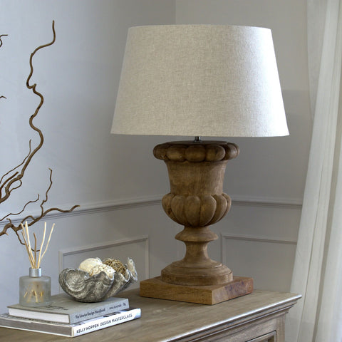 alt="Large wooden table lamp with hessian shade"