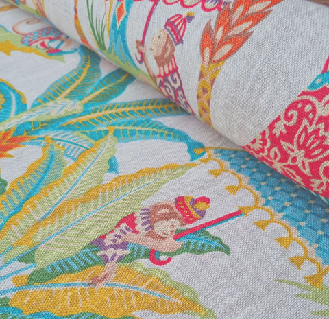 alt="Exotic monkey linen upholstery fabric"
