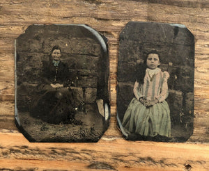 rural texas woman & girl posed in front of sod house tinted 1800s tintype photo