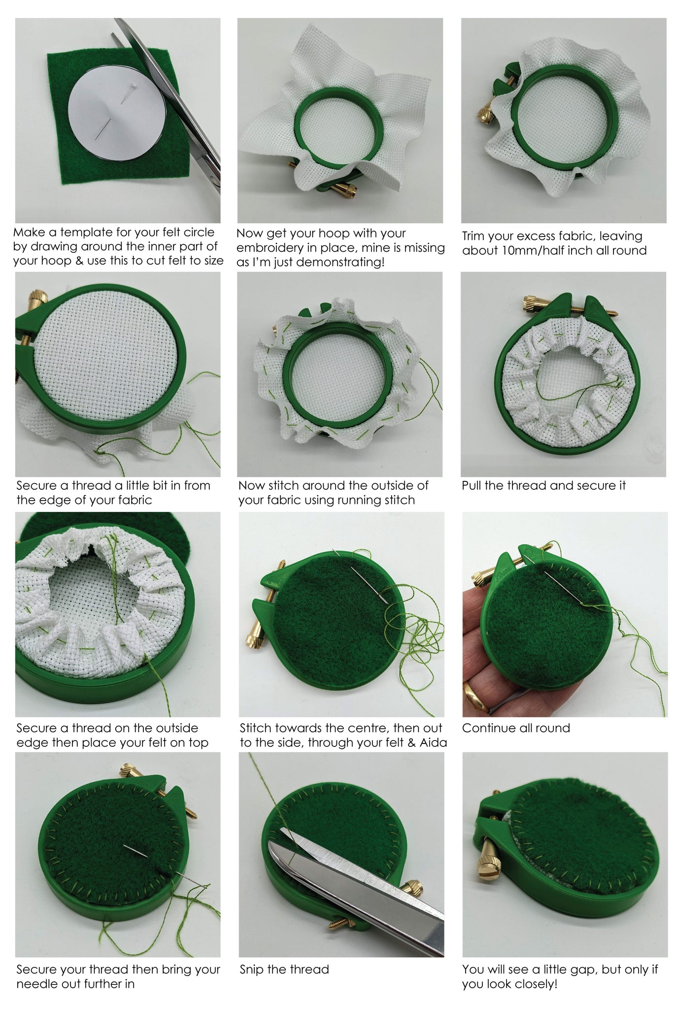 Step by step instructions for how to back an embroidery frame with felt