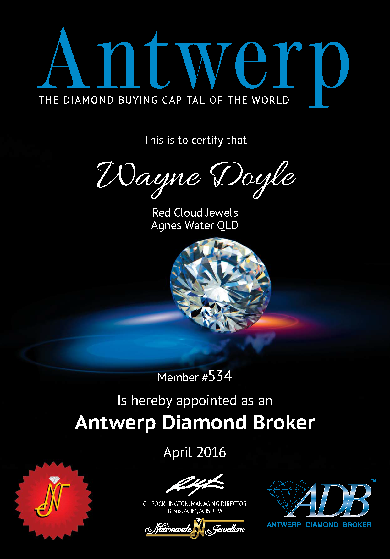 Antwerp Diamond Broker Certificate - Red Cloud Jewels
