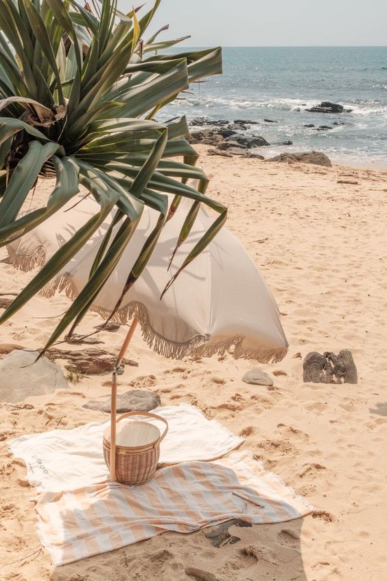 picnic basket with blanket on the beach