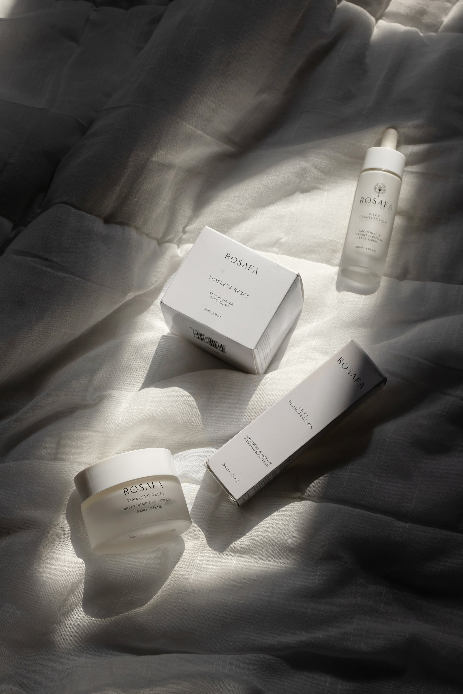 Rosafa products on the white bedsheet