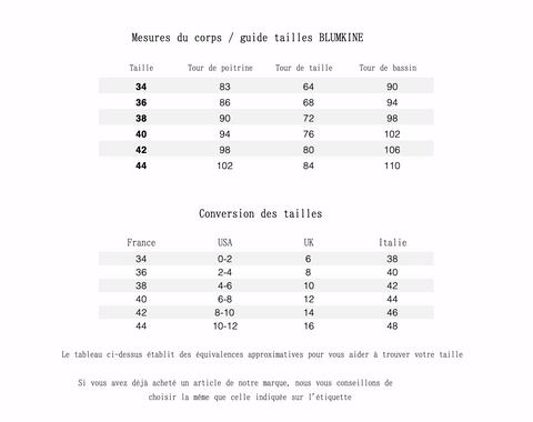 Guide des tailles BLUMKINE et correspondance des tailles entre les pays