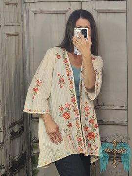 Beige Kimono With Embroidered Flowers