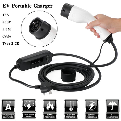 EV Portable Charger Protable 13A EV Charging Cable Type 2 UK Plug 3 Pin Electric Car Charger 5.5M Type 2 IEC 62196