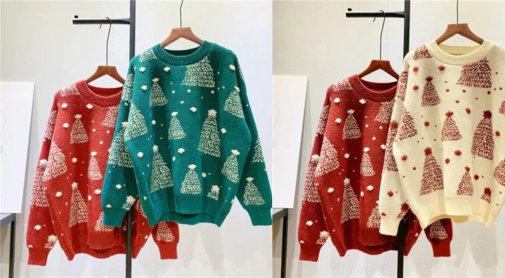 Handmade knitted Christmas jumper with Christmas trees