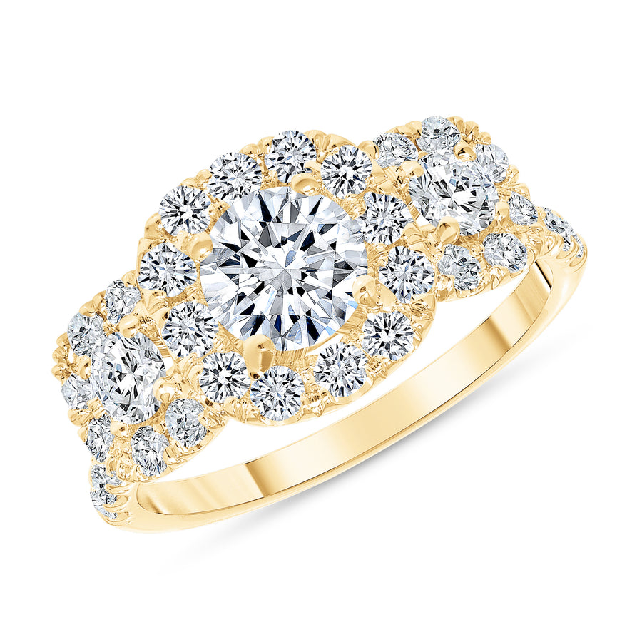 D&P Designs Three Stone Halo Engagement Ring Yellow Gold