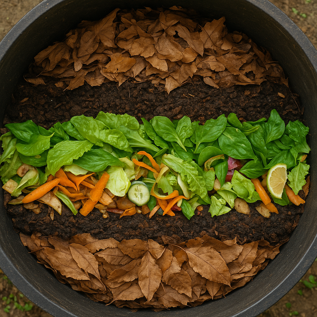 Home composting system showing layers of green and brown materials