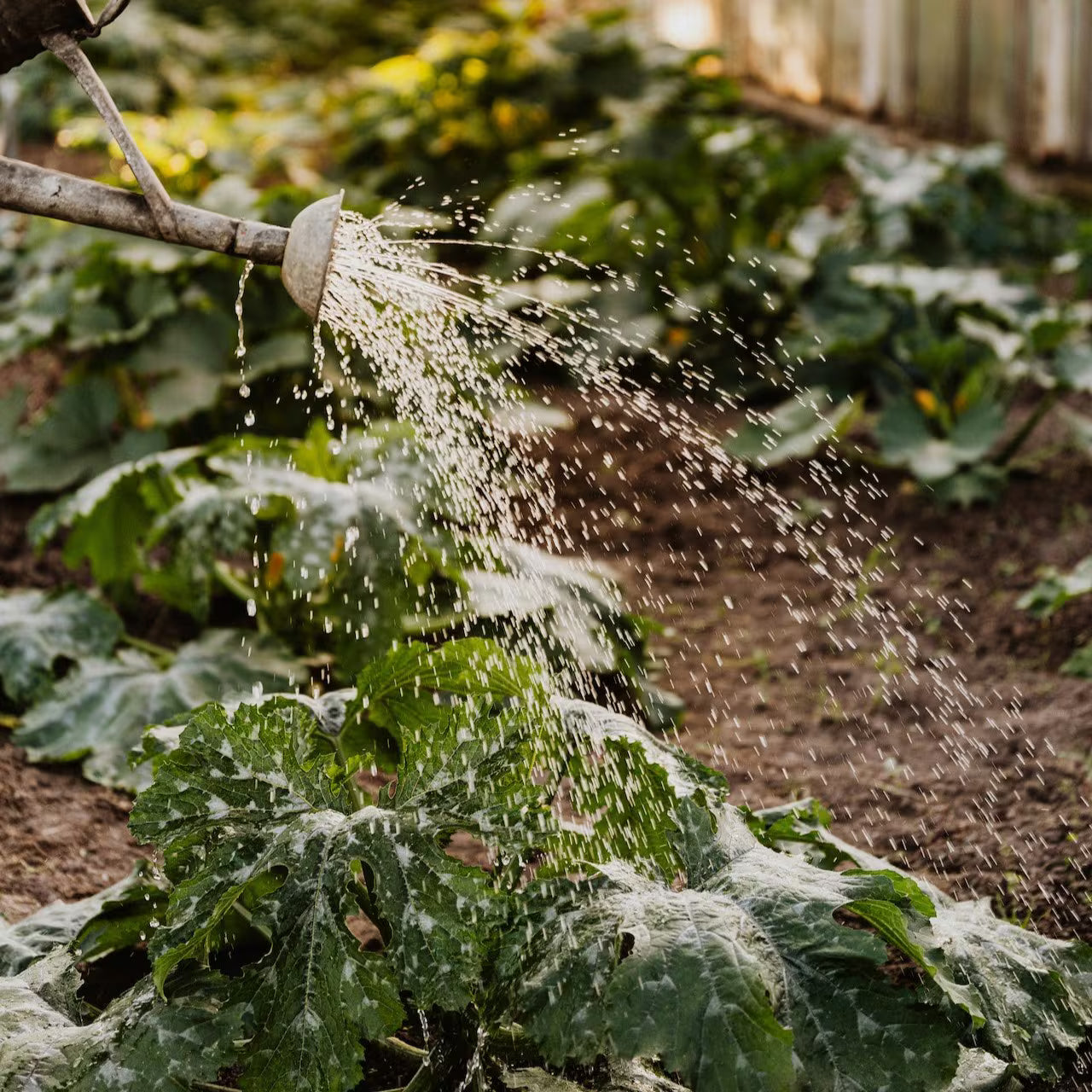 Gardener using watering can to water plants in raised garden bed