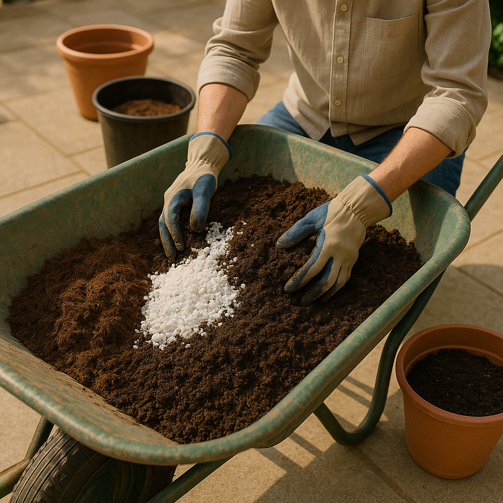 Person mixing custom soil for containers