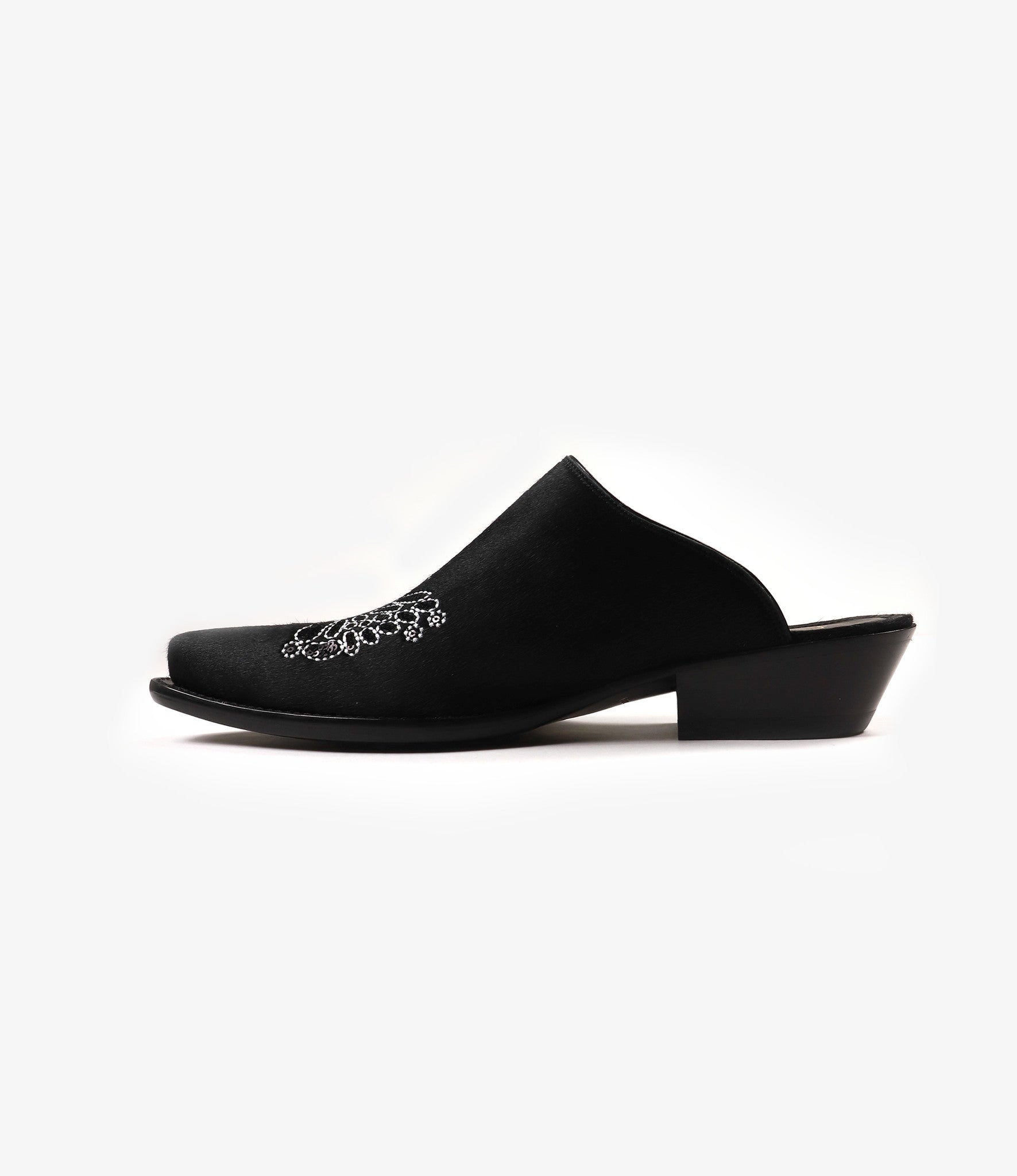 Heeled Papillon Emb. Mule - Black Pony | Nepenthes London