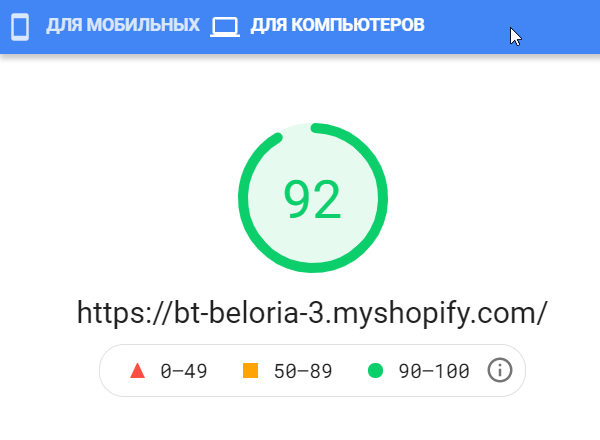 Beloria theme desktop PageSpeed rating 92