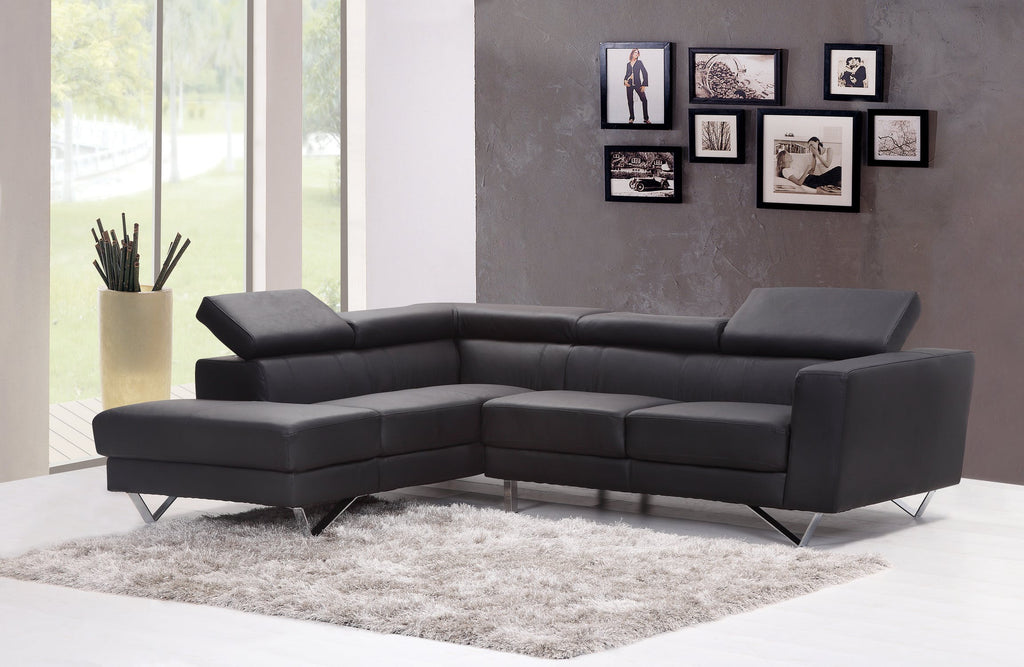 Black PU Leather L-Shape Multi-Function Sofa With Adjustable Headset,        Grey Plush Carpet To Keep Warm In the Winter                                                          Wall Arts Printings as The Home Decorations