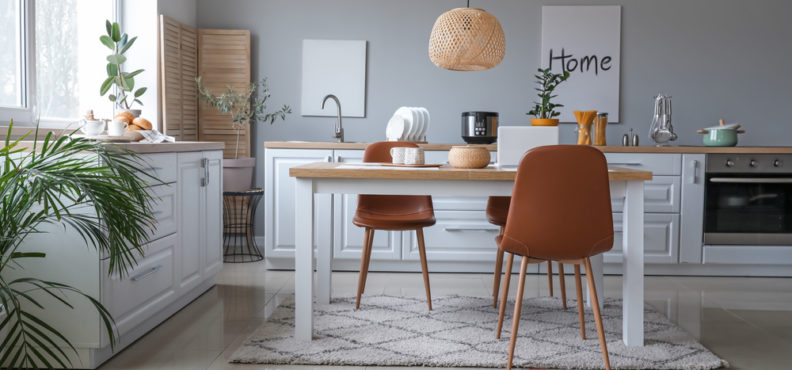 Easy to Clean Gray Plush Carpet,Dining Table sets:One Wooden Desk and 4Pieces Red bar stool,White Cabinet Furniture:Kitchen Accessories:Plate， Rice Cooker,Soup Plate and Plant Decorations,Special Shaped Chandelier 