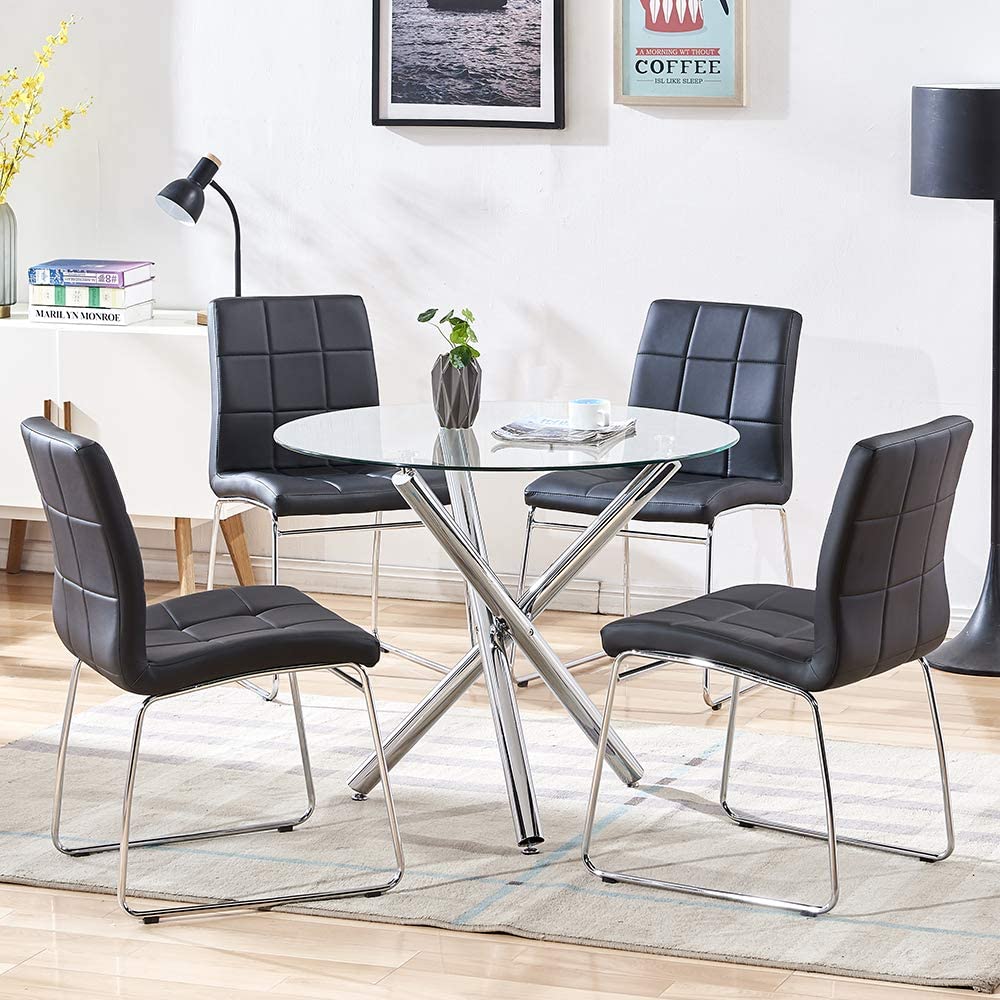 3/5Piece Round Dining Table Set for 2/4, Modern Kitchen Table and Chairs for 2/4Person,Dining Room Table Set with Clear Tempered Glass Top, Dining Set for Dining Room Kitchen (Table + 2/4Black Chairs)