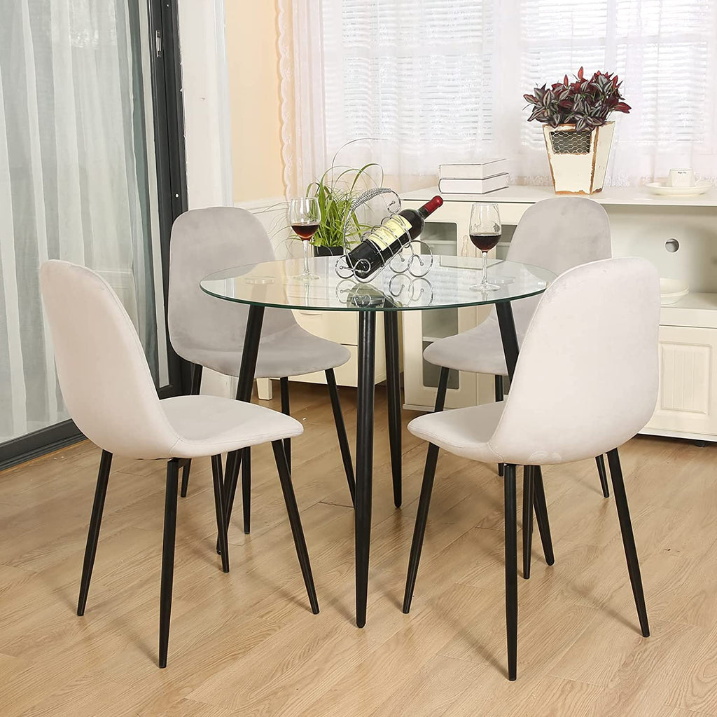 Dining Table Set for 4,Modern Round Glass Table and 4 Velvet Kitchen Room Chairs,5 Pieces Dining Room Table and Chairs Set for Home Small Space:Black Legs Table + 4 Light Grey