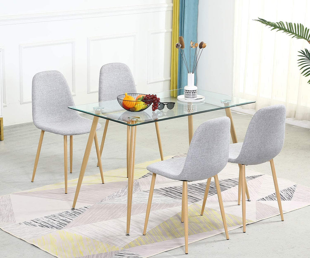 Dining Table Set for 4,5 Pieces with Rectangle Table and 4 Fabric Kitchen Room Chairs,Modern Dining Room Table and Chairs Set for Home,Small Space (Round Table + 4 Light Grey Chairs)
