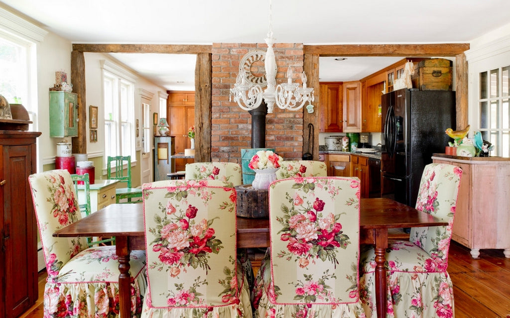 Dining Chair Sets of 6:Stools Covered by Peony Flower Printing Covers,Long Dark Brown Wooden Diner Table