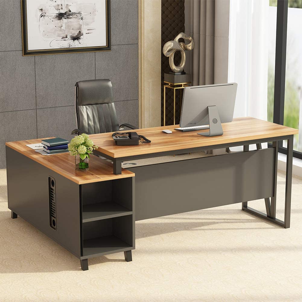 Brown Wooden Rectangle Top Executive Desks with Multi Functions Carbine, Wall Paintings with Frame and The Telephone and Computer Leather Armrest Ergonomic Chair