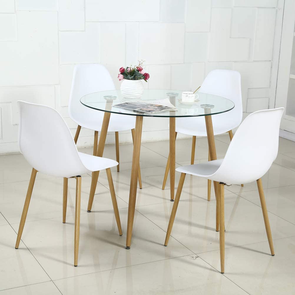 5 Pieces Dining Table Set for 4, Round Glass Dining Table and DSW Dining Chairs with Metal Legs, Modern Table and Chairs for Dining Room and Kitchen (Round Table + 4 White Chairs)