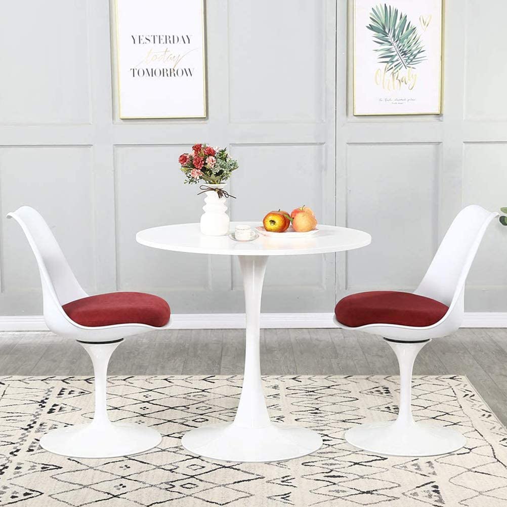 3 Pieces Dining Table Set, Mid-Century Modern Tulip MDF Dining Room Table and 360°Swivel Fabric Upholstered Chairs for 2 Person,Kitchen Table and Chairs for Home,Office(1White Table + 2 Red Chairs)