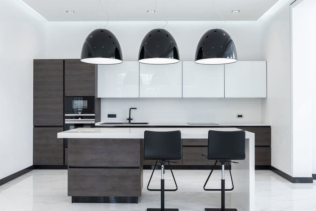 Black and White Marble Kitchen Cabinet，White Marble Kitchen Island，2Pieces 360 Degree Swivel Bar Stools With Stirrup,Height adjustable The Same Theme Black Lights to Make The Kitchen brighter