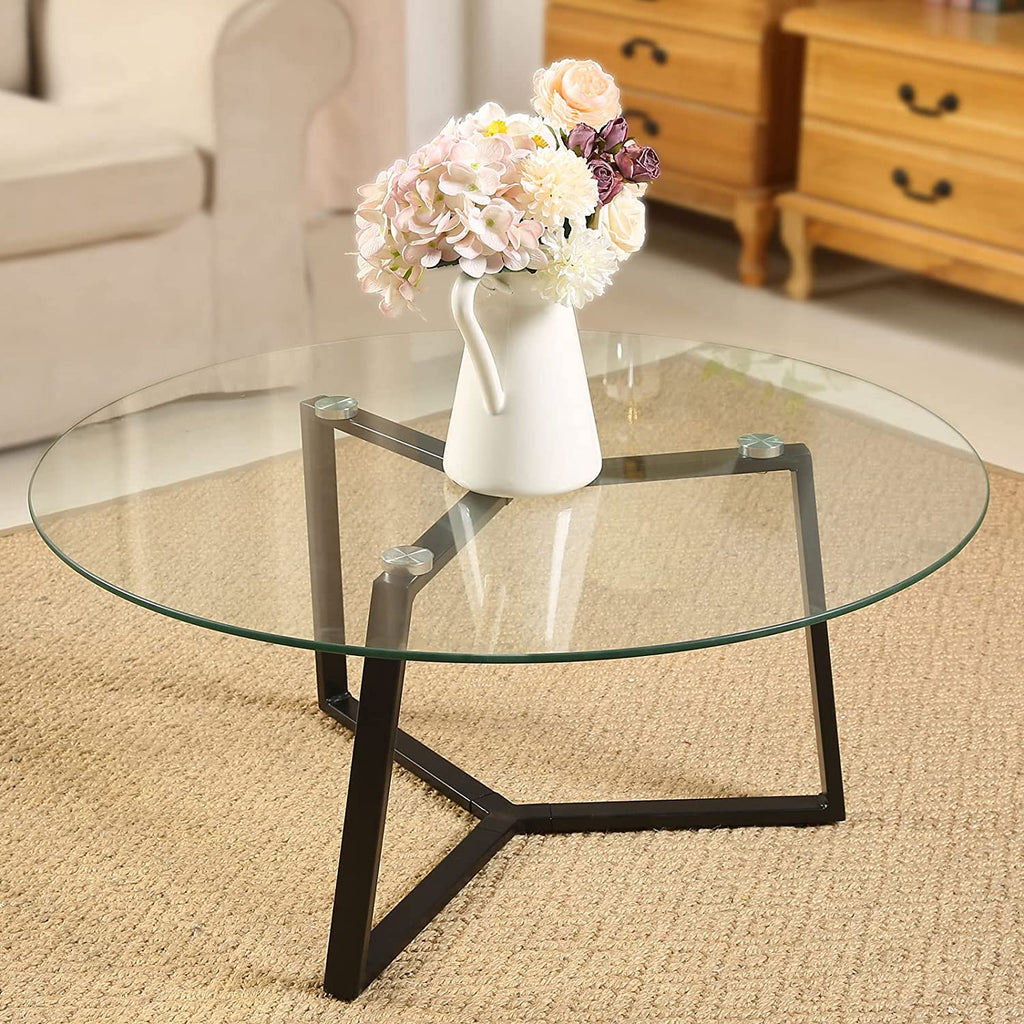 Round Glass Coffee Table,Sofa Side Table Modern Accent Table End Table Clear Tea Table for Living Room, 31.5 inch,Standing on Cotten Light Brown LuLu's Rugs