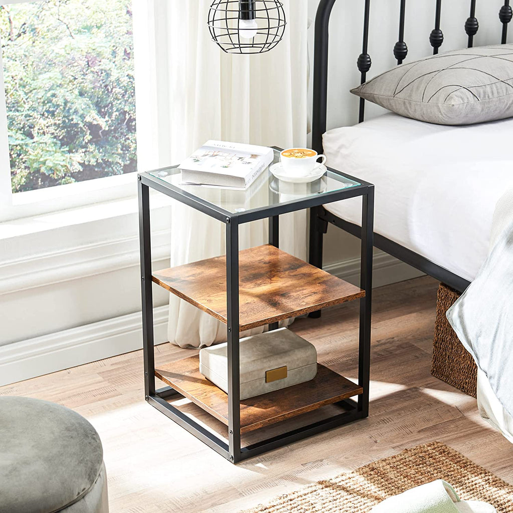 Nightstand Side Table,Modern End Table with Glass Top and Storage Shelf, Wood Color Night Stand Brown Bedside Table for Bedroom/Living Room