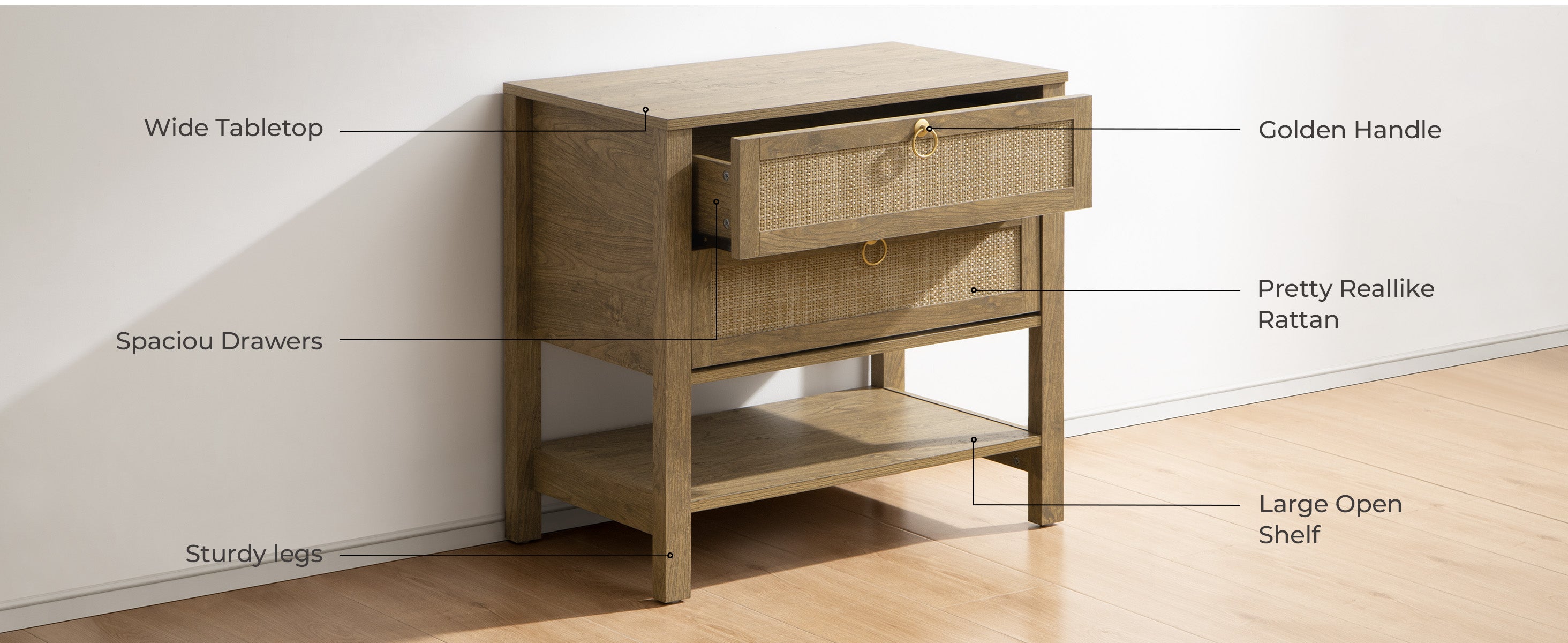 SICOTAS Terra Nightstand Set of 2, Large Nightstand with Drawers and Storage Shelf - Rattan Boho Bedside Table Narrow Side Table for Bedroom, Small Space