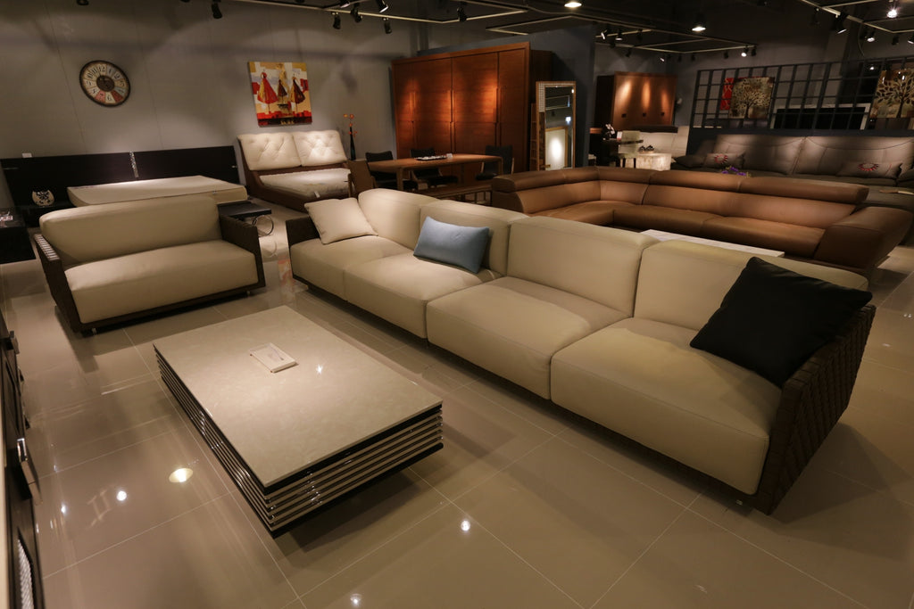 Combination Modern Stylish Beige Sofa:Cloths Single and Multi-PersonDouble Ones,and L-Shape Genius Leathers Dark Beige Ones; Dining Table Sets:Height Back Barstools and Long Wooden Tables