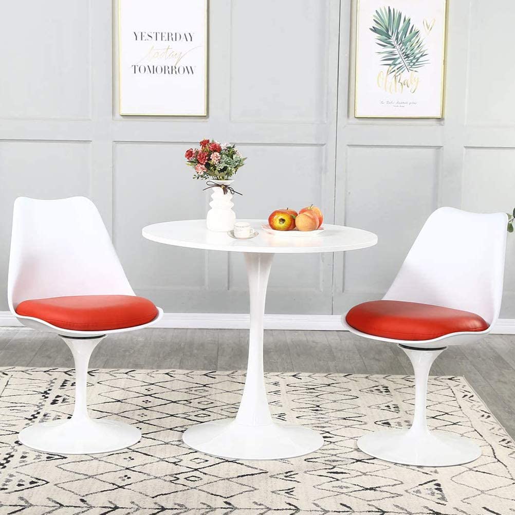 3 Pieces Table Set, Mid-Century Modern Tulip MDF Dining Room Table and 360 Swivel Fabric Upholstered Chairs for 2 Person,Kitchen Table and Chairs for Home,Office,Coffee Cub Ect(1White Table + 2 Red Chairs)