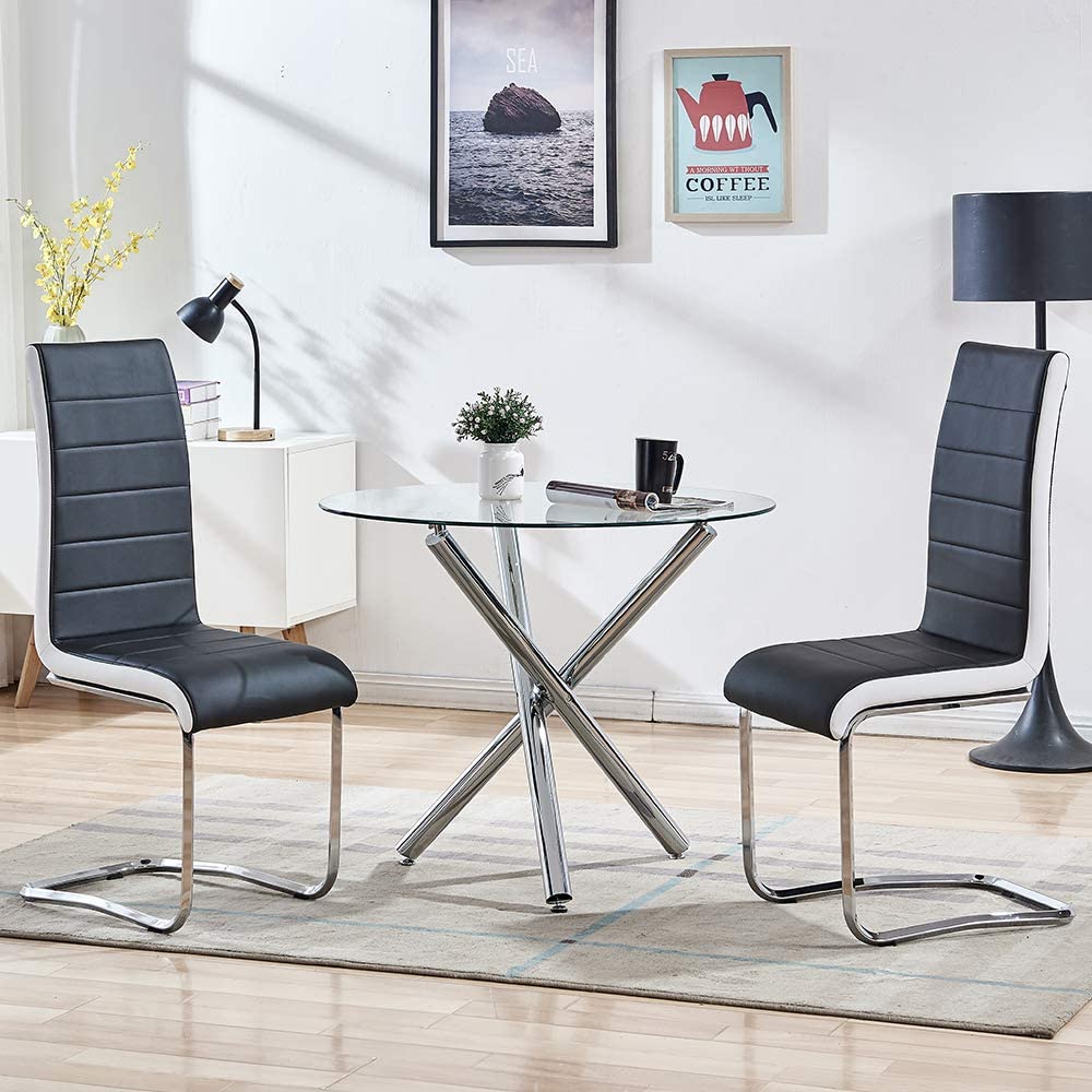 3/5 Piece Round Dining Table Set for 4 Person, Modern Round Glass Table with Faux Leather High Back Dining Room Chairs,Dining Set for Dining Room Kitchen (Table + 2/4 Grey Chairs)