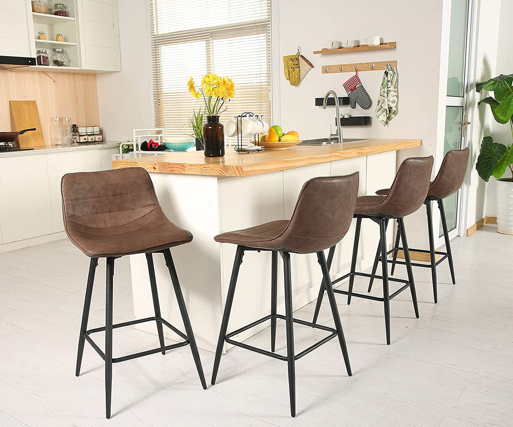 Bar Stools Set of 4 Counter Height Stools 25” Faux Leather Counter Bar Stools with Back and Footrest, Retro Bar Style Stools Chairs for Kitchen Island and Counter Bar 