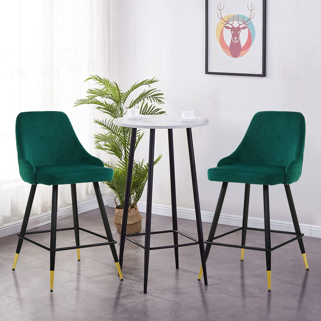 Bar Stools Set of 2 Modern Velvet Barstools with Back and Footrest, 25.5 Inch Upholstered Counter Height Bar Stool for Kitchen Counter Island (Green, 2 Barstools)