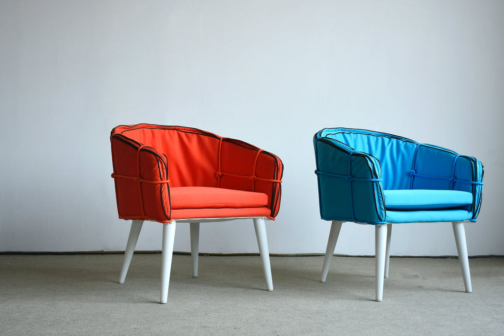 Mid-Century Style Chair with Red or Blue Clothing,Modern Rattan Style as Working Chair, Coffee Chair or Dining Chair