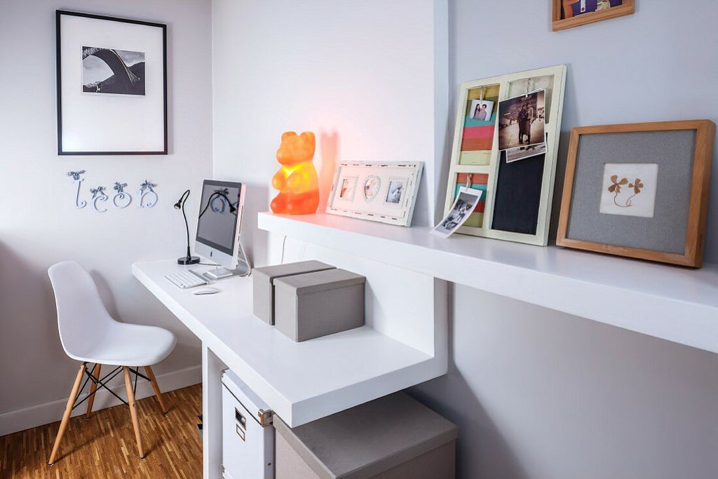 White T-Shape Floating Desk,White Home Working Bar Stool,Black Desk Lamp, Wall Paintings with Frame and the Decorations