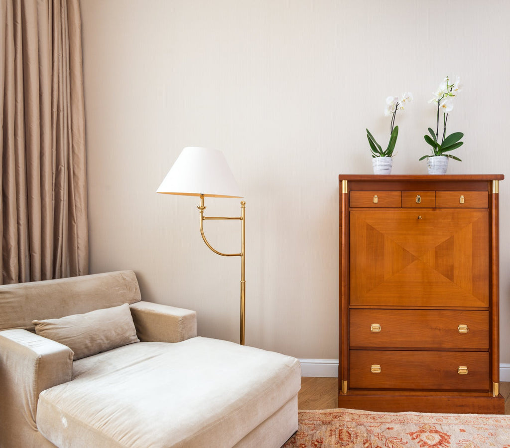 Single Beige Sofa with Cushions,4 Layer Drawers Brown Cabinet, two bottles of Plants with Flowers on the Case, White Lamp with Golden Bracket