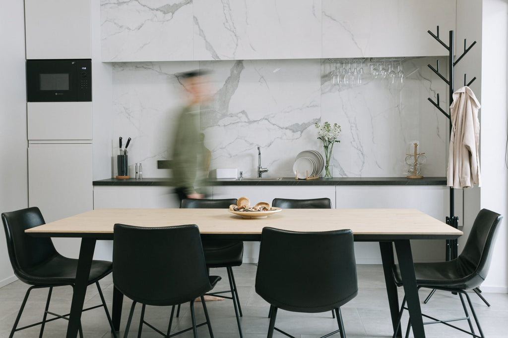 6 Seaters of The Dining Set:6Pieces PU Leather Black Stool,Soft Pad and Metal Stainless Steel Legs,Rectangle Table:Wooden Top and 4 Metal Stainless Steel Legs,Tree-Shape Stainless Steel Hanger