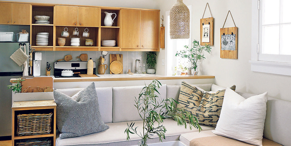 Beige L-Shape Sofa with Cushions，using the Multi-Function cabinet to Storage China, basket to use well for the Sundries the decorations hanged on the wall